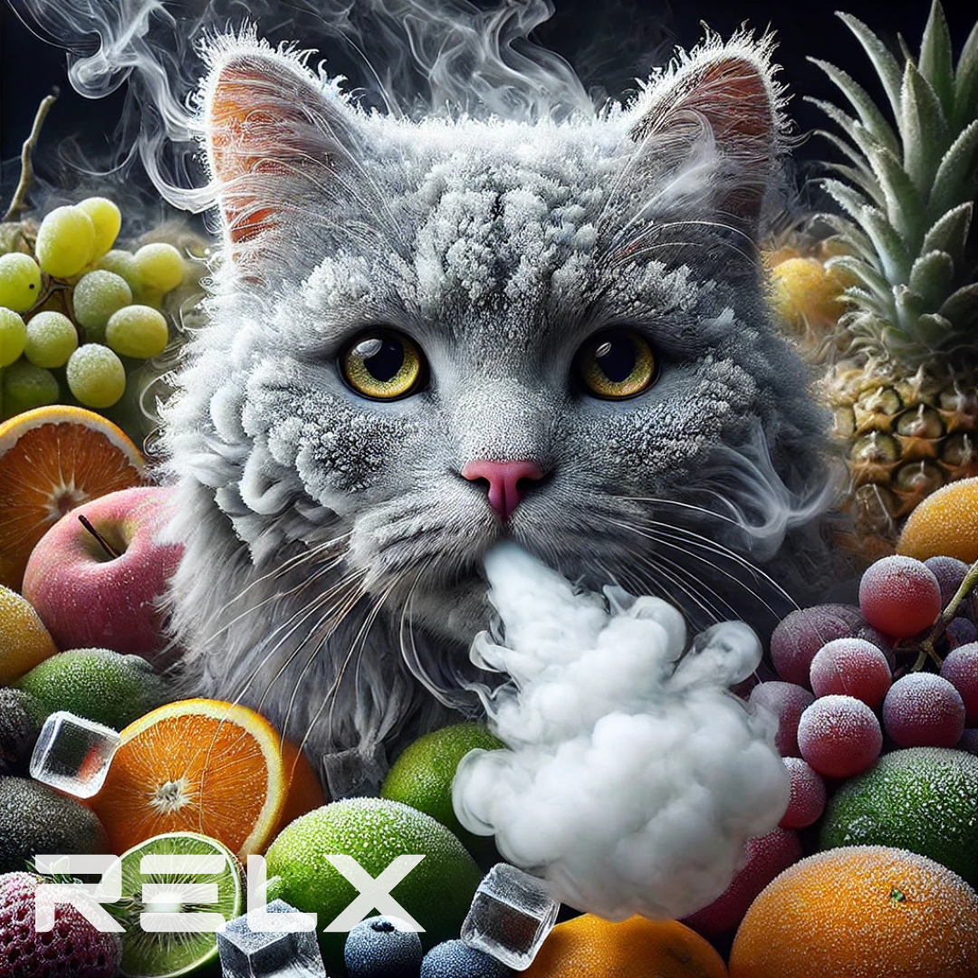 RELX visual — cat amid fruit and ice